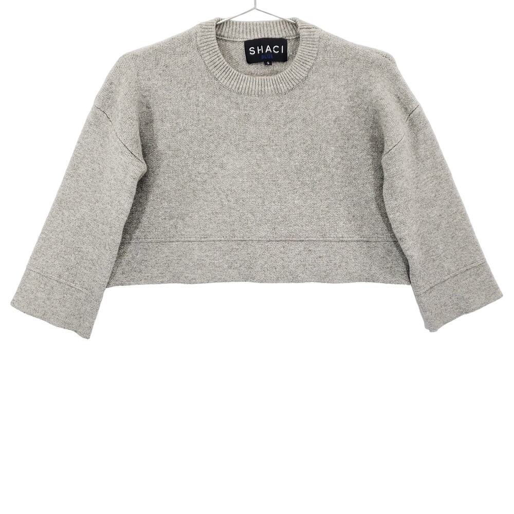 Shaci Cropped Sweater Womens Small Gray 3/4 Sleeve Crew Neck Casual Knit Top